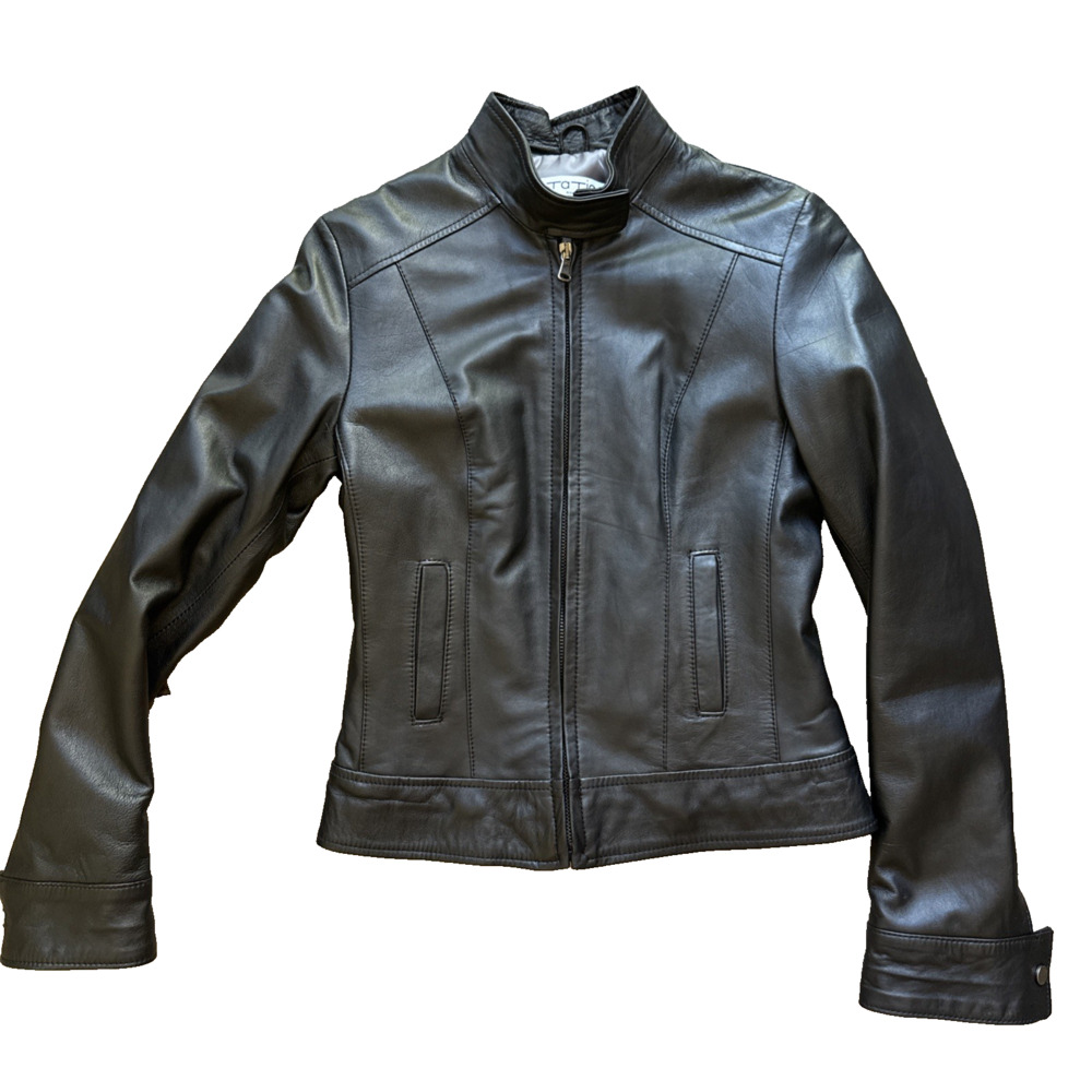 TATIE Roma Made in Italy Genuine Leather Jacket Womens S Black Moto Y2K